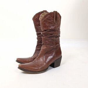 Brown Leather Cowgirl Cowboy Boots Mesh Lining Heeled Slouchy